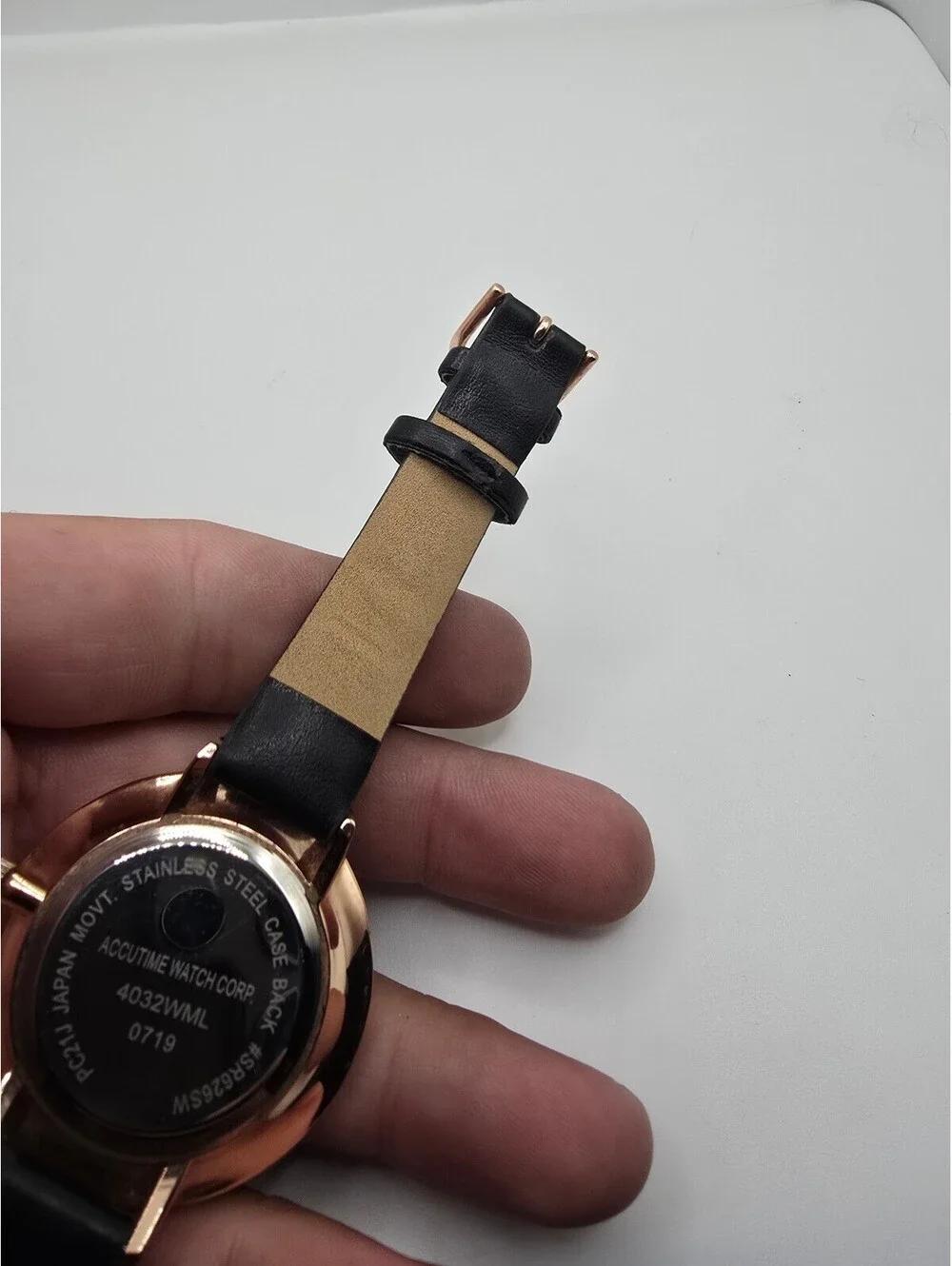 Accutime Quartz Analog Watch Marble Dial Rose Gold Tone Black Faux Leather Strap